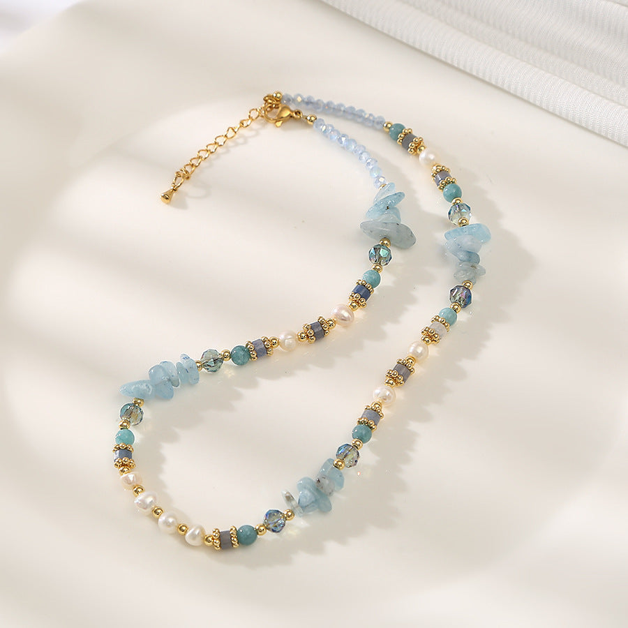 Majestic Blue Quartz& Pearls Handmade Beaded Necklace Set