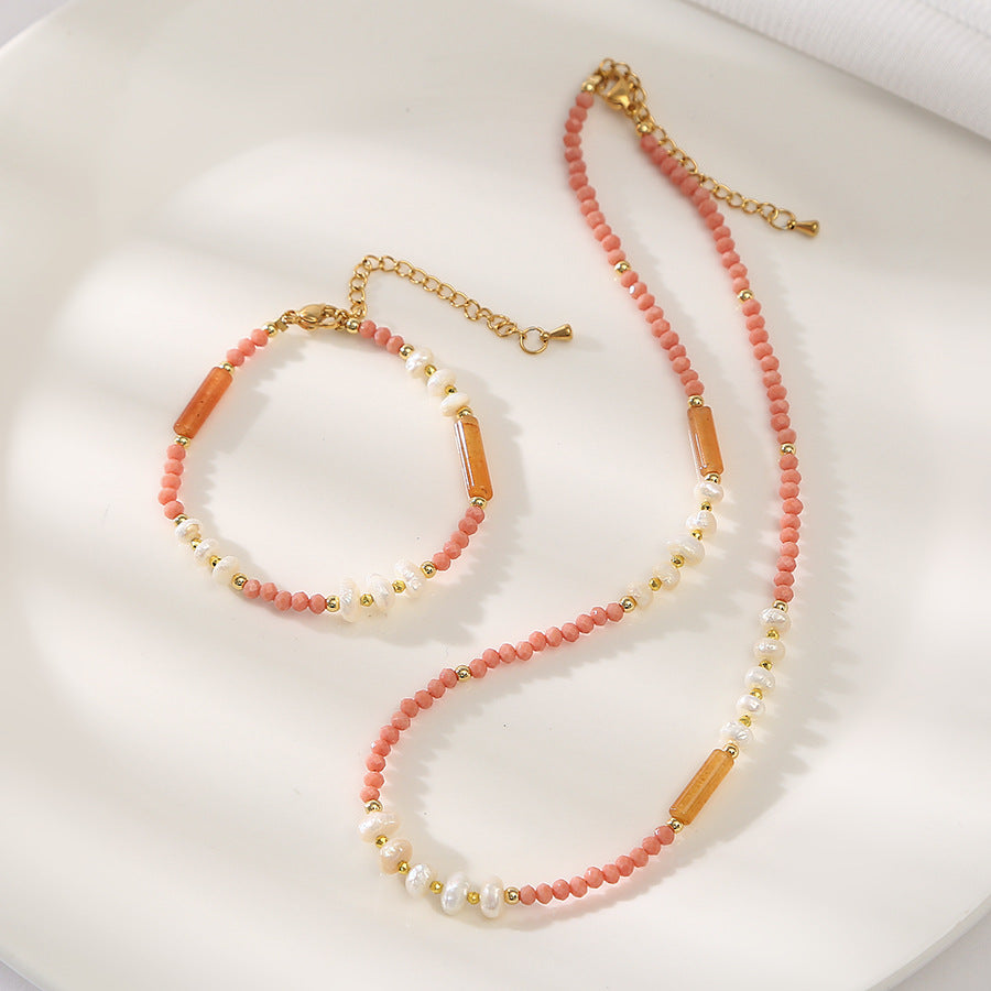 Paradise Pink Aventurine&Pearl Handmade Necklace Set