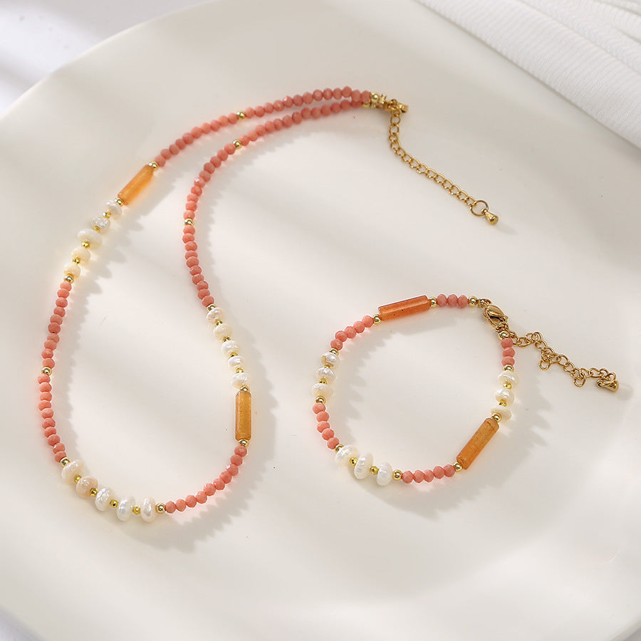 Paradise Pink Aventurine&Pearl Handmade Necklace Set