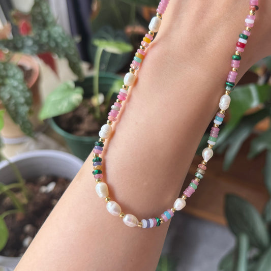 Rainbow Tourmaline &Pearls Handmade Beaded Necklace Set