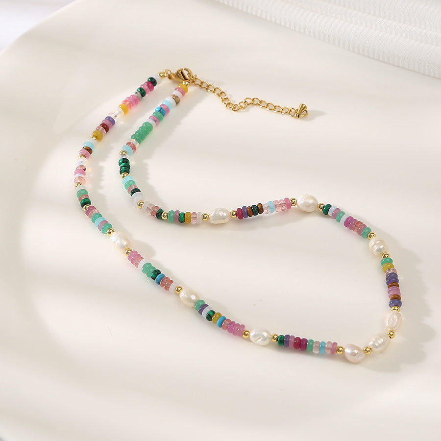 Rainbow Tourmaline &Pearls Handmade Beaded Necklace Set