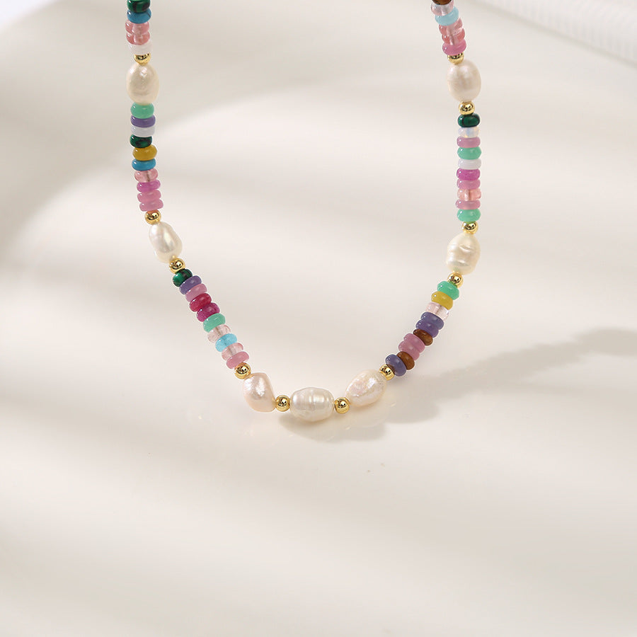 Rainbow Tourmaline &Pearls Handmade Beaded Necklace Set