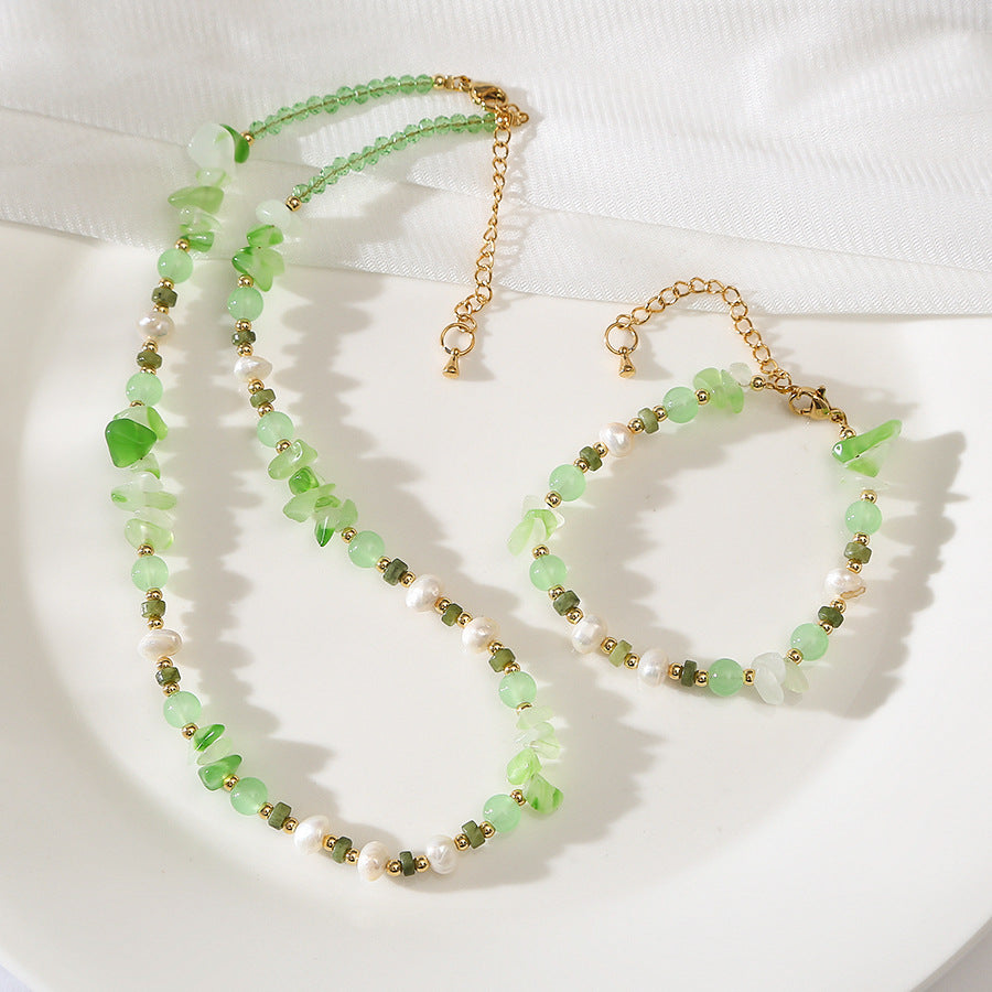 Parkside Dunes Green Agate &Pearl Handmade Beaded Necklace Set
