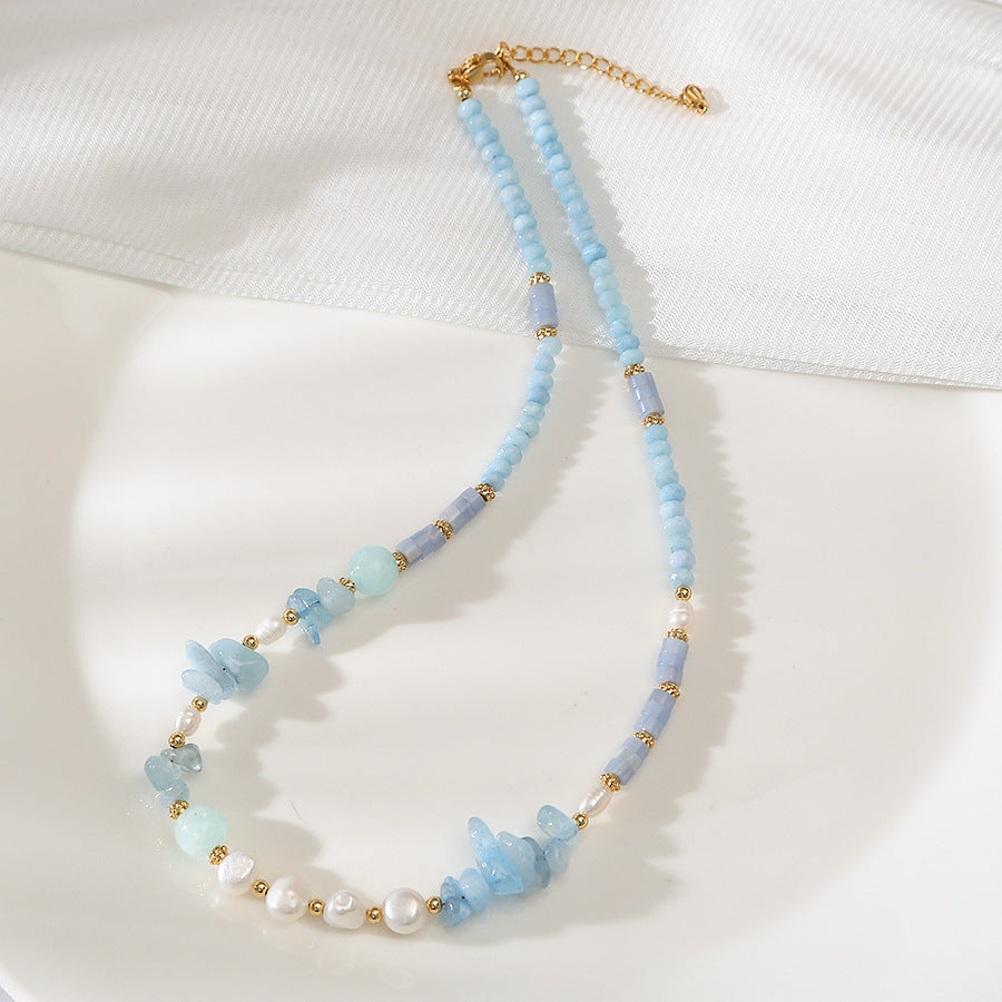 Tear Drop Blue Quartz& Freshwater Pearl Handmade Necklace Set