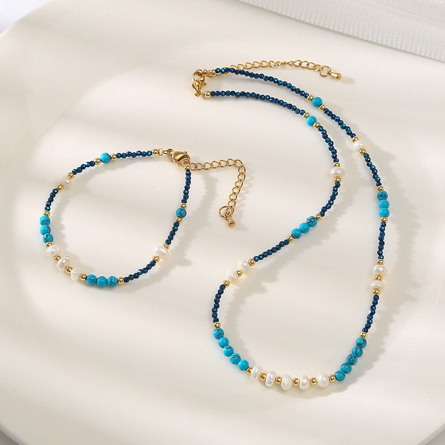 Marine Blue Geniues Turquoise &Pearl Handmade Necklace Choker Set