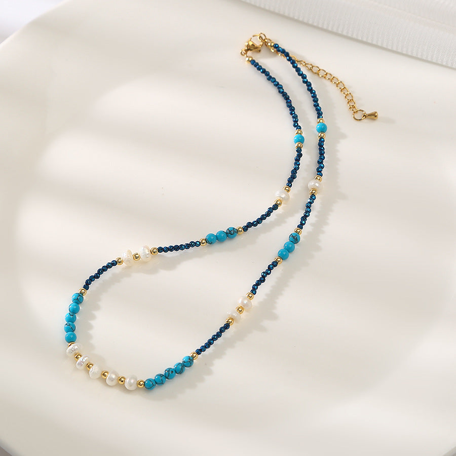 Marine Blue Geniues Turquoise &Pearl Handmade Necklace Choker Set