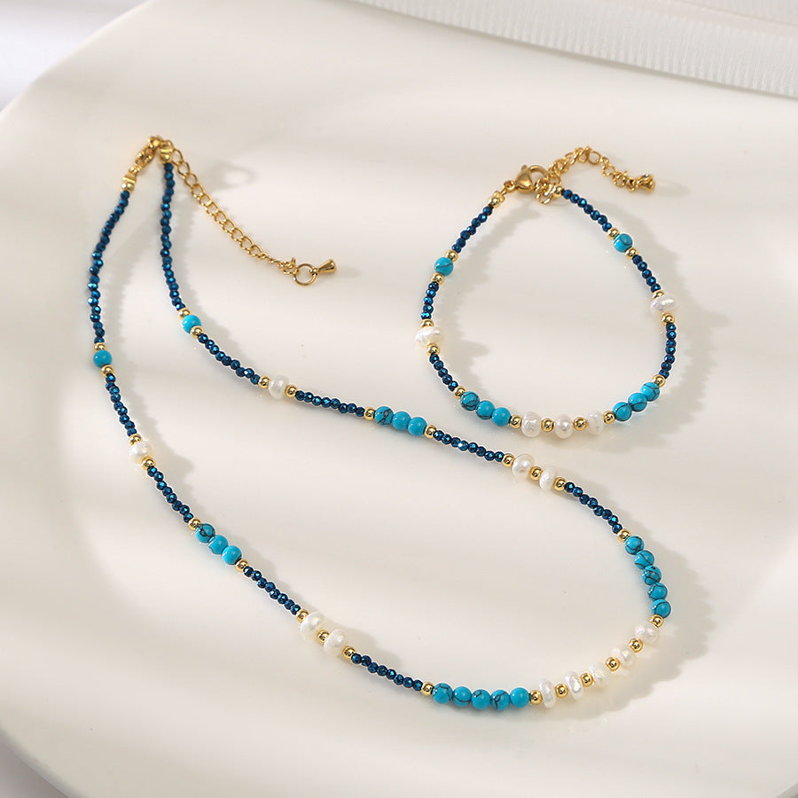Marine Blue Geniues Turquoise &Pearl Handmade Necklace Choker Set