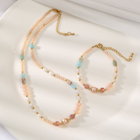 Early Sunset Natural Quartz &Pearl Handmade Necklace Set