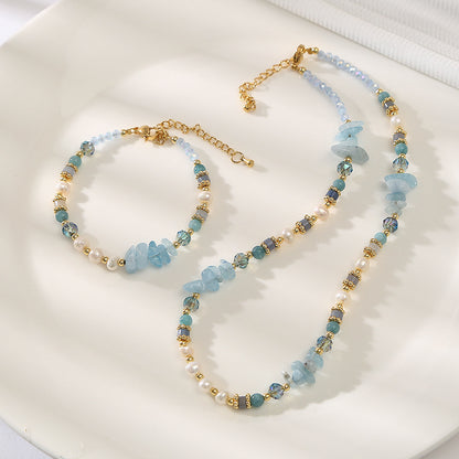 Majestic Blue Quartz& Pearls Handmade Beaded Necklace Set