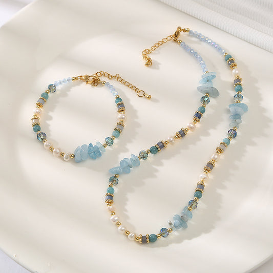 Majestic Blue Quartz& Pearls Handmade Beaded Necklace Set