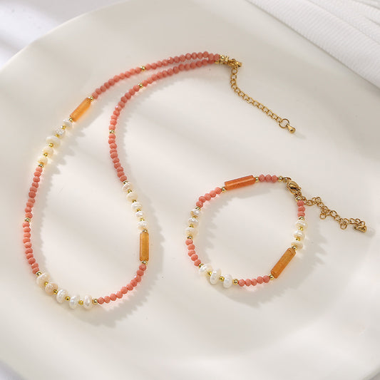 Paradise Pink Aventurine&Pearl Handmade Necklace Set