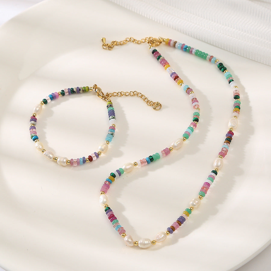 Rainbow Tourmaline &Pearls Handmade Beaded Necklace Set