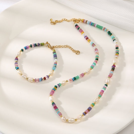 Rainbow Tourmaline &Pearls Handmade Beaded Necklace Set
