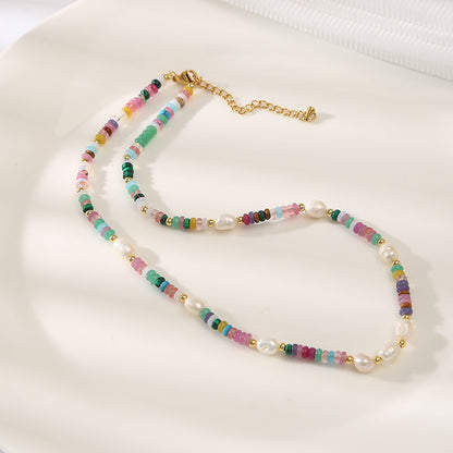 Rainbow Tourmaline &Pearls Handmade Beaded Necklace Set