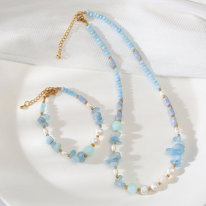 Tear Drop Blue Quartz& Freshwater Pearl Handmade Necklace Set