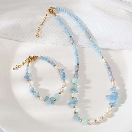 Tear Drop Blue Quartz& Freshwater Pearl Handmade Necklace Set
