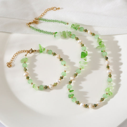 Parkside Dunes Green Agate &Pearl Handmade Beaded Necklace Set
