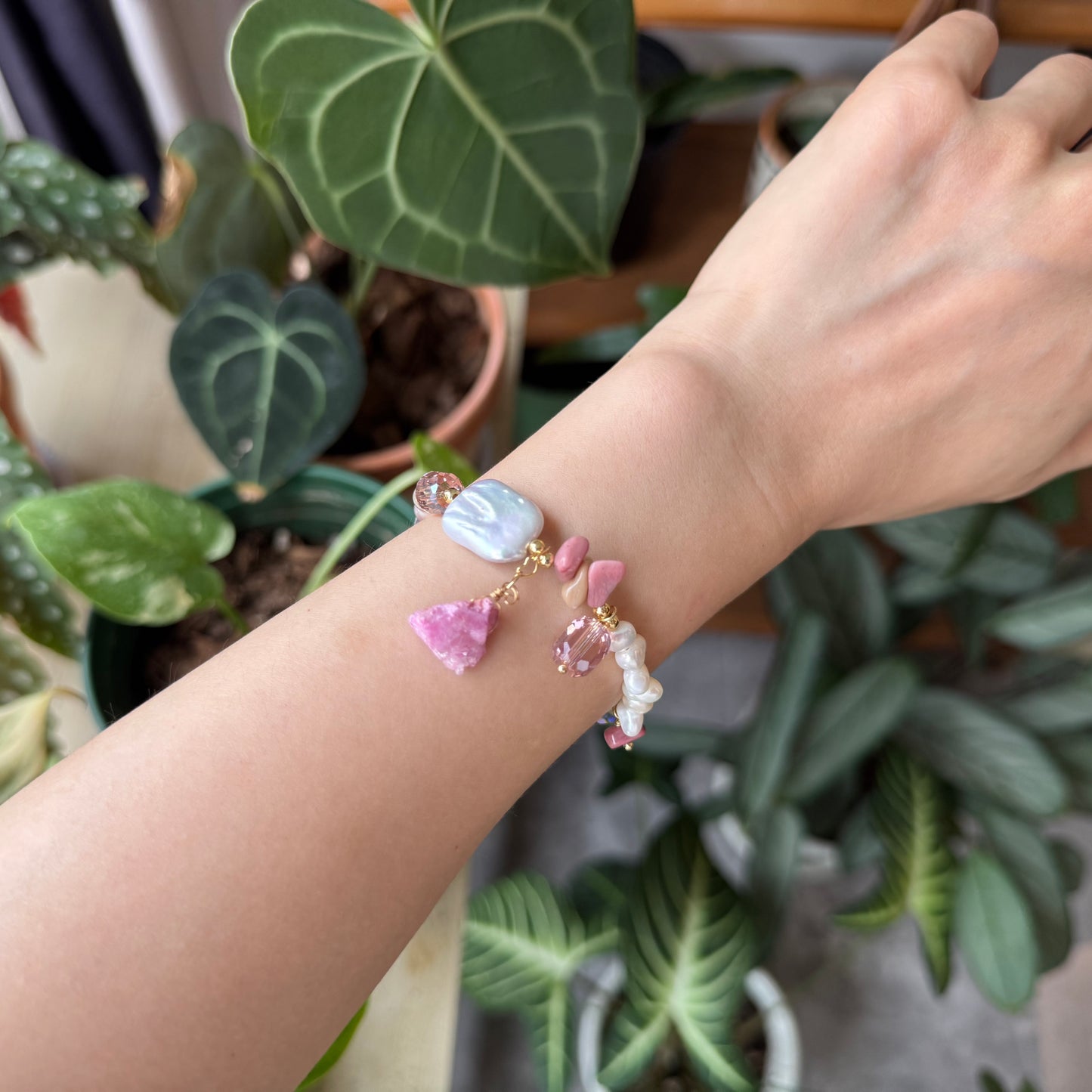 Baroque Rhodonite& Pearl Adjustable Bracelet
