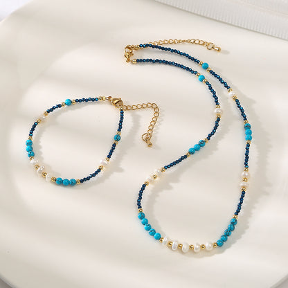 Marine Blue Geniues Turquoise &Pearl Handmade Necklace Choker Set