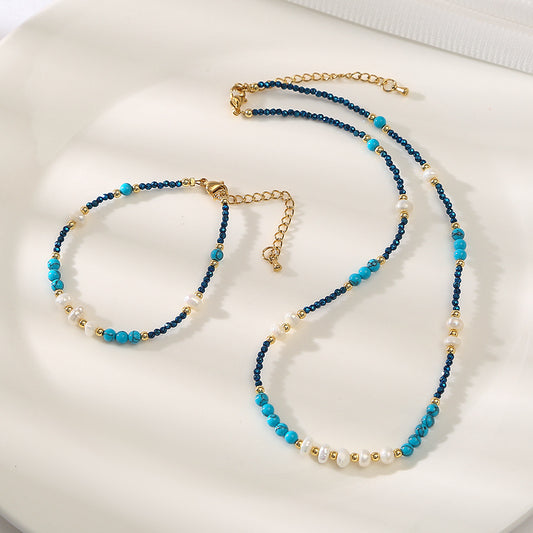 Marine Blue Geniues Turquoise &Pearl Handmade Necklace Choker Set