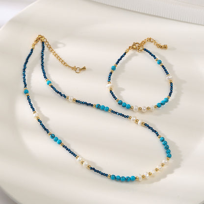 Marine Blue Geniues Turquoise &Pearl Handmade Necklace Choker Set
